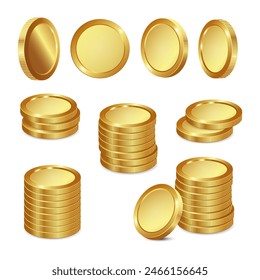 Conjunto de monedas de oro realistas sobre fondo blanco. Pila de monedas 3d doradas. Ilustración vectorial