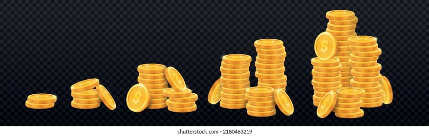 Conjunto de monedas de oro realistas apiladas. Diferentes pilas de dinero en oro, efectivo o tesoro. Banco y finanzas. Inversión, ganancia o ganancia. Copiar espacio. 3.ª colección vectorial aislada en fondo transparente