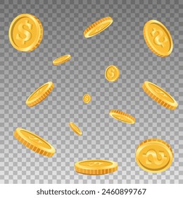 Conjunto de pilas de monedas de oro realistas. Banco y finanzas. Inversión, ganancia o ganancia. colección de Vector aislada sobre fondo transparente