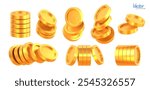 Set of Realistic Golden Coins stack. Blank Coin money stacked and flying isolated on white background. Gold cash currency for payment. Symbol of wealth, income and finance. Vector 3d illustration.