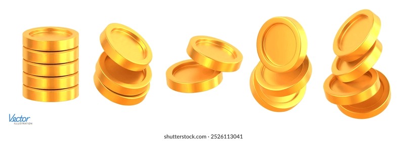 Conjunto de Moedas de Ouro Realistas pilha. Moeda em Branco dinheiro empilhado isolado no fundo branco. Moeda de pagamento em dinheiro dourado. Símbolo de riqueza, renda e finanças. Ilustração em 3d vetorial.