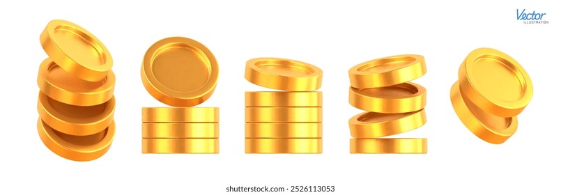 Set of Realistic Golden Coins stack. Blank Coin money stacked isolated on white background. Gold cash currency for payment. Symbol of wealth, income and finance. Vector 3d illustration.