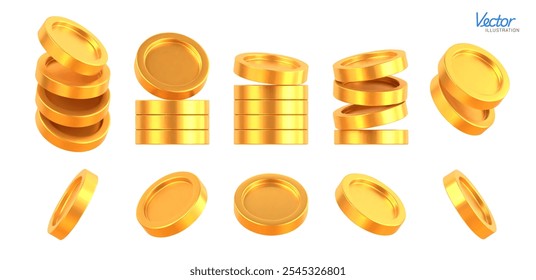 Set of Realistic Golden Coins stack. Blank Coin money stacked rotating in different angles isolated on white background. Gold cash currency for payment. Symbol of wealth, income and finance. Vector 3d