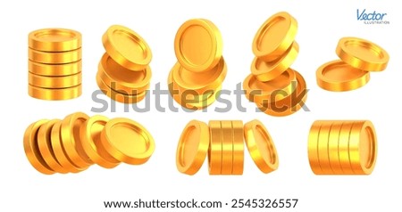 Set of Realistic Golden Coins stack. Blank Coin money stacked and flying isolated on white background. Gold cash currency for payment. Symbol of wealth, income and finance. Vector 3d illustration.