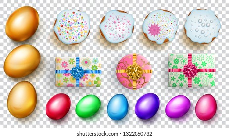 Set of realistic golden and colored Easter eggs, cakes and gift boxes with soft shadows on transparent background
