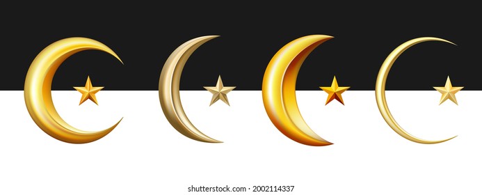 Set of realistic golden crescent moons and golden stars isolated on black and white backgrounds. Decorative vector elements for Muslim holidays.