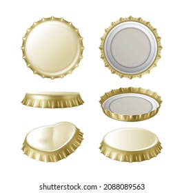 Set of realistic golden crown bottle caps isolated on white background. Beer or lemonade metallic lid or glassware alcohol bottle of drink corks collection. 3d vector illustration