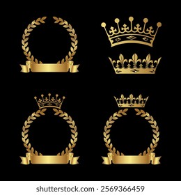 Set of Realistic Golden Crowns with Laurel Wreaths, Golden Ribbons for text, isolated on black background. Golden branch of olive leaves of victory symbol with ribbon and crown. Awards and honors.