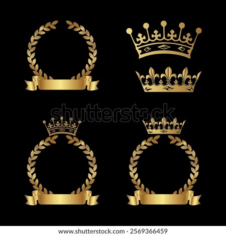 Set of Realistic Golden Crowns with Laurel Wreaths, Golden Ribbons for text, isolated on black background. Golden branch of olive leaves of victory symbol with ribbon and crown. Awards and honors.