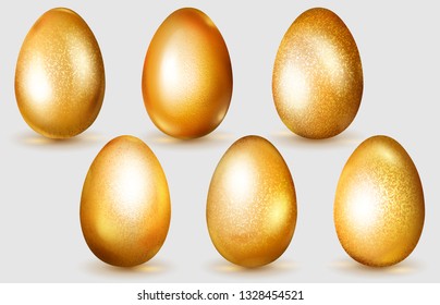 Set of realistic golden Easter eggs with glares and soft shadows on white background