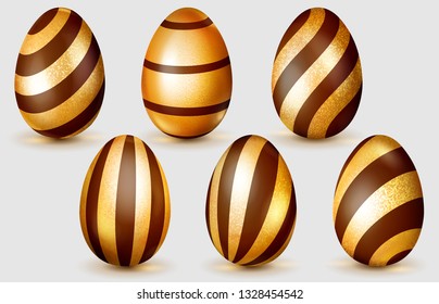 Set of realistic golden Easter eggs with glares, chocolate stripes and soft shadows on white background