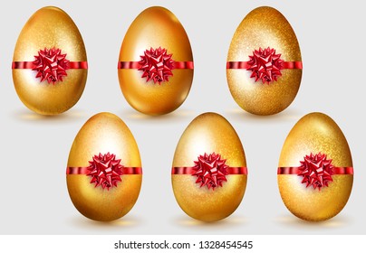 Set of realistic golden Easter eggs with red bows, glares and soft shadows on white background