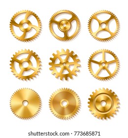 Set of realistic golden gears isolated on a white background. Vector illustration