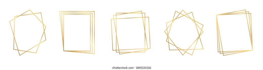 Setzen Sie realistische goldene geometrische Rahmen. Abstrakte geometrische Formen. Luxuriöse goldene Rahmen oder Rahmen. Geometrisches Polyhedron, Art Thin Line-Dekorationsstil - Stock-Vektorgrafik