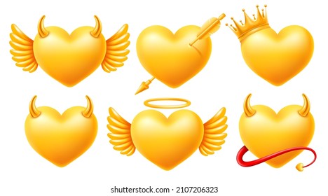 Set of realistic golden hearts with wings, pierced by cupid arrow, decorated by crown, horns and halo. And even with a tail. Hearts of angel and devil concept. Vector illustration EPS10.