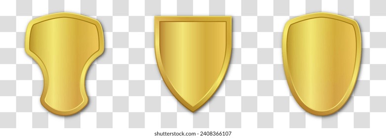 Conjunto de escudos heráldicos dorados realistas. Colección de vidrio y escudo brillante. Ilustración vectorial.