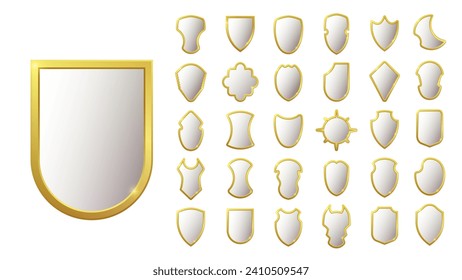 Set of realistic golden heraldic shields. Glass and glossy shield collection. Vector illustration.
