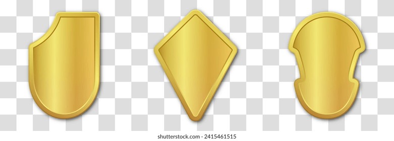 Set of realistic golden heraldic shields. Vector illustration on a transparent background.