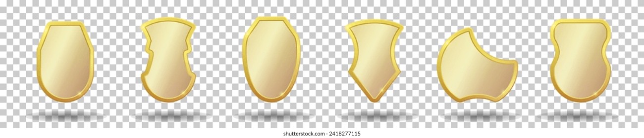 Set of realistic golden heraldic shields. Vector illustration on a transparent background.