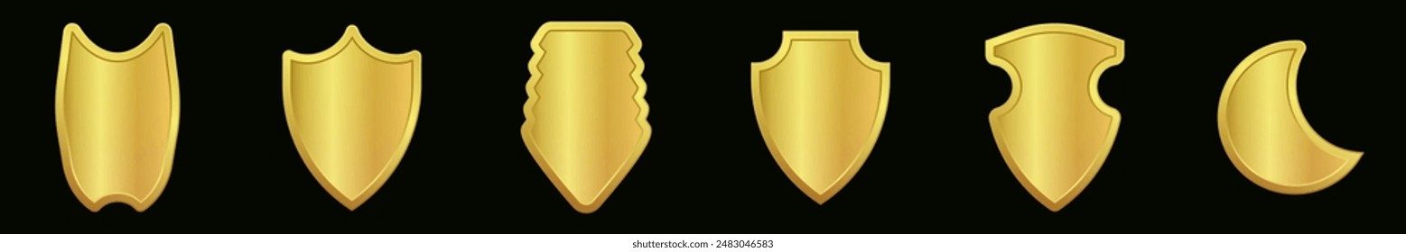 Set of realistic golden heraldic shields. Glass and glossy shield collection. Vector illustration.