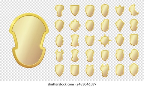 Set of realistic golden heraldic shields. Glass and glossy shield collection. Vector illustration. Transparent background.