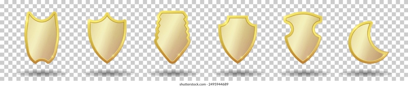 Set of realistic golden heraldic shields. Vector illustration on a transparent background.