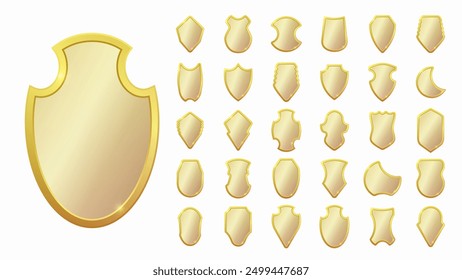 Set of realistic golden heraldic shields. Glass and glossy shield collection. Vector illustration.