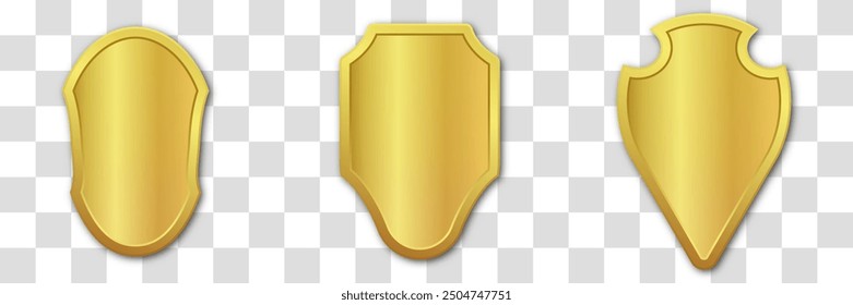 Set of realistic golden heraldic shields. Vector illustration on a transparent background.