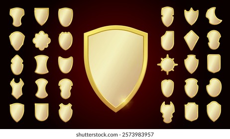 Set of realistic golden heraldic shields. Glass and glossy shield collection. Vector illustration