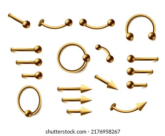 Set of realistic golden metal face and body piercing jewelries, vector illustration isolated on white background. Trendy accessory collection, piercing for nose, eyebrows, lips