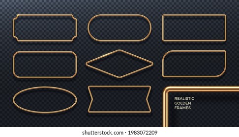 Set of realistic golden metal frames. 3d golden geometric banners - decoration elements for greeting card, cover, poster or invitation. Vector illustration.