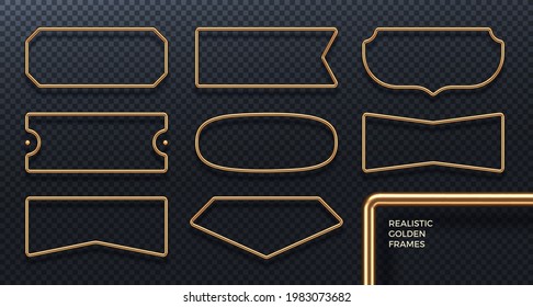 Set of realistic golden metal frames. 3d golden geometric banners - decoration elements for greeting card, cover, poster or invitation. Vector illustration.