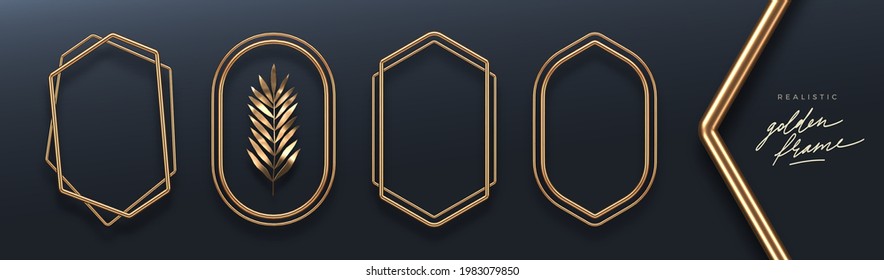 Set of realistic golden metal frames. 3d golden geometric banners - decoration elements for greeting card, cover, poster or invitation. Vector illustration.