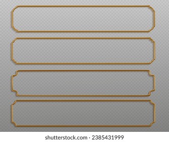 Set of realistic golden metal frames. 3d golden geometric banners - decoration elements for greeting card, cover, poster or invitation. Vector illustration.