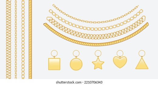 Set of realistic golden necklaces, chains and bracelets with gold pendants isolated. Luxury jewelry accessories collection. Jewel decoration element. Vector illustration