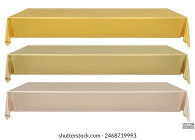 Conjunto de mantel rectangular dorado realista en la mesa superior sobre fondo blanco. Mesa de tela de oro vacía. Ropa de mesa. Ropa de mesa de sala de reuniones. Ilustración vectorial 3D.