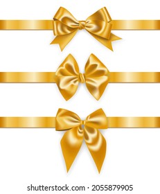 Set of realistic golden ribbons with bows, decoration for gift boxes, design element