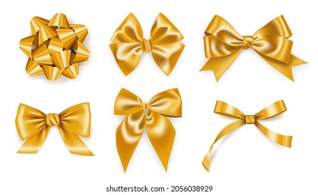 Set of realistic golden ribbons bows, decoration for gift boxes, design element