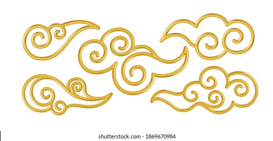 Set of realistic golden shiny chinese traditional symbols of clouds. Vector illustration EPS10