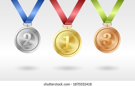 Juego de medallas realistas de oro, plata y bronce para ganar en competencia. Mockup de plantilla de elemento 3d para el premio de campeón. Ilustración del vector