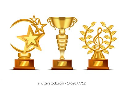 Set of realistic golden, trophy cup or award with text plate for champions. Sport winners cup. Vector Illustration