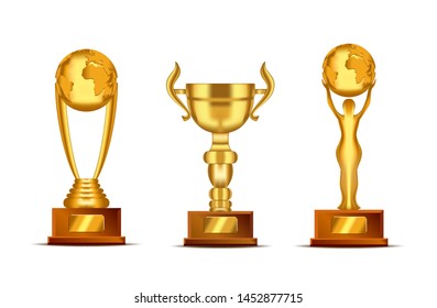 Set of realistic golden, trophy cup or award with text plate for champions. Sport winners cup. Vector Illustration