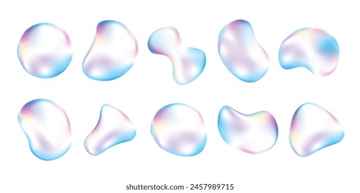 Set of realistic gradient bubble vector. Holographic glass bubble design with different shapes, vibrant gradient mesh on transparent background. 3d glass liquid illustration for sticker, decor.