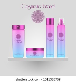 Set of realistic gradient color cosmetic bottle. 3D mockup bottle isolated on white background. Cosmetic products package