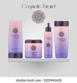 Set of realistic gradient color cosmetic bottle. 3D mockup bottle isolated on white background. Cosmetic products package