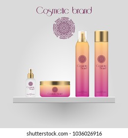Conjunto de garrafa cosmética de cor de gradiente realista. Frasco de maquete 3D isolado sobre fundo branco. Pacote de produtos cosméticos