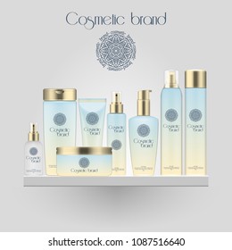 Set of realistic gradient color cosmetic bottle. 3D mockup bottle isolated on white background. Cosmetic products package