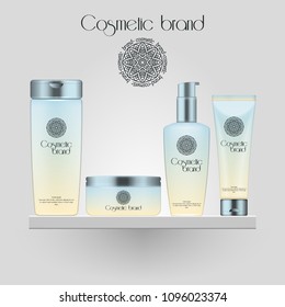 Set of realistic gradient color cosmetic bottle. 3D mockup bottle isolated on white background. Cosmetic products package