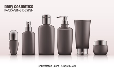 Set of realistic gray bottles with silver cap for body cosmetics. Empty package for skincare cosmetic - body deodorant, spray, lotion, cream, gel. Blank template, vector mockup for broshure, magazine