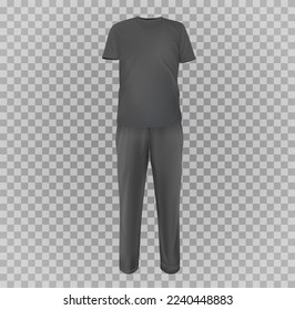 Set realistic gray casual sport suit. Base clothes isolated on transparent background. Blank mockup costume for branding man or woman fashion. Design casual template. Vector pants and t-shirt.
